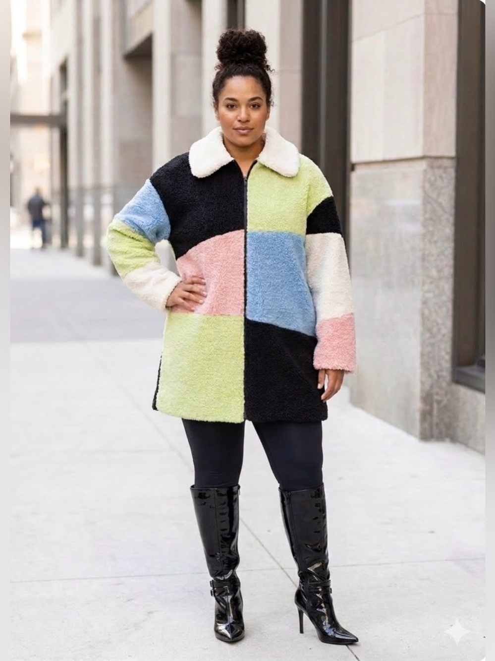 Gorman Colorblock Mod Teddy Bear Sherpa Coat size 12 Large Green Pink Black - Picture 1 of 11